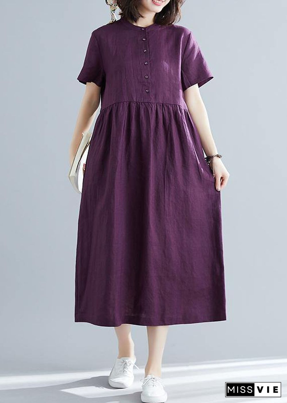 Women purple linen cotton clothes For Women plus size Fashion Ideas o neck large hem Maxi Summer Dresses