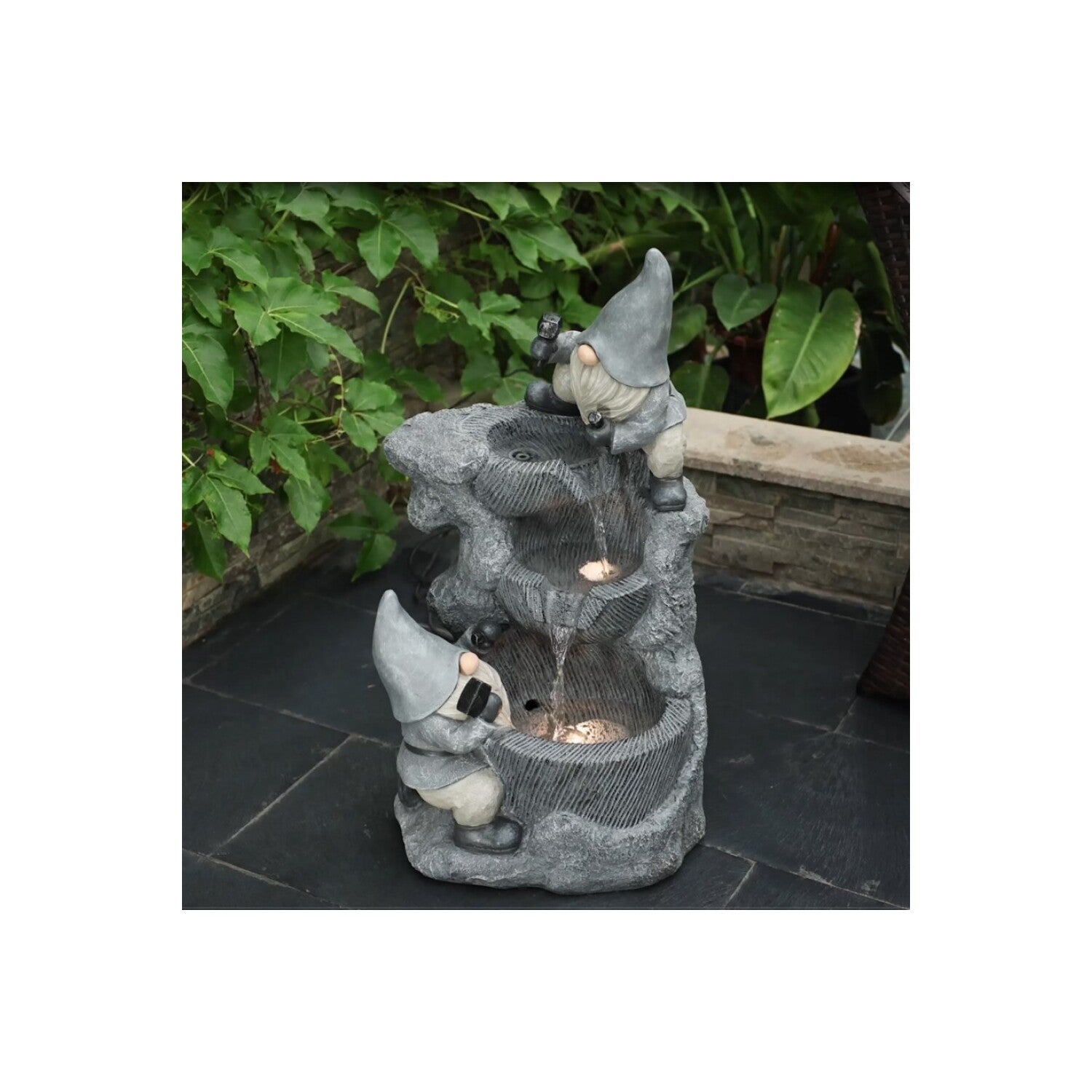 LuxenHome Gray Resin Gnomes Rock Bowl Outdoor Fountain with LED Lights