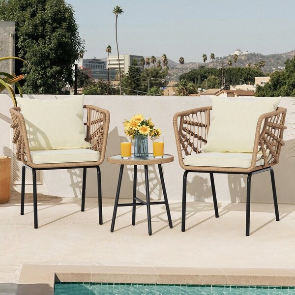 Moasis 3Piece Cushioned Bistro Set Patio Wicker Chair and Side Table