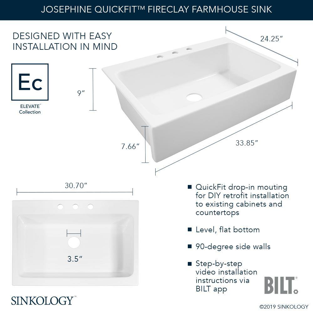 SINKOLOGY Josephine 34 in. 4-Hole Quick-Fit Drop-In Farmhouse Single Bowl Crisp White Fireclay Kitchen Sink SK450-34FC-4R