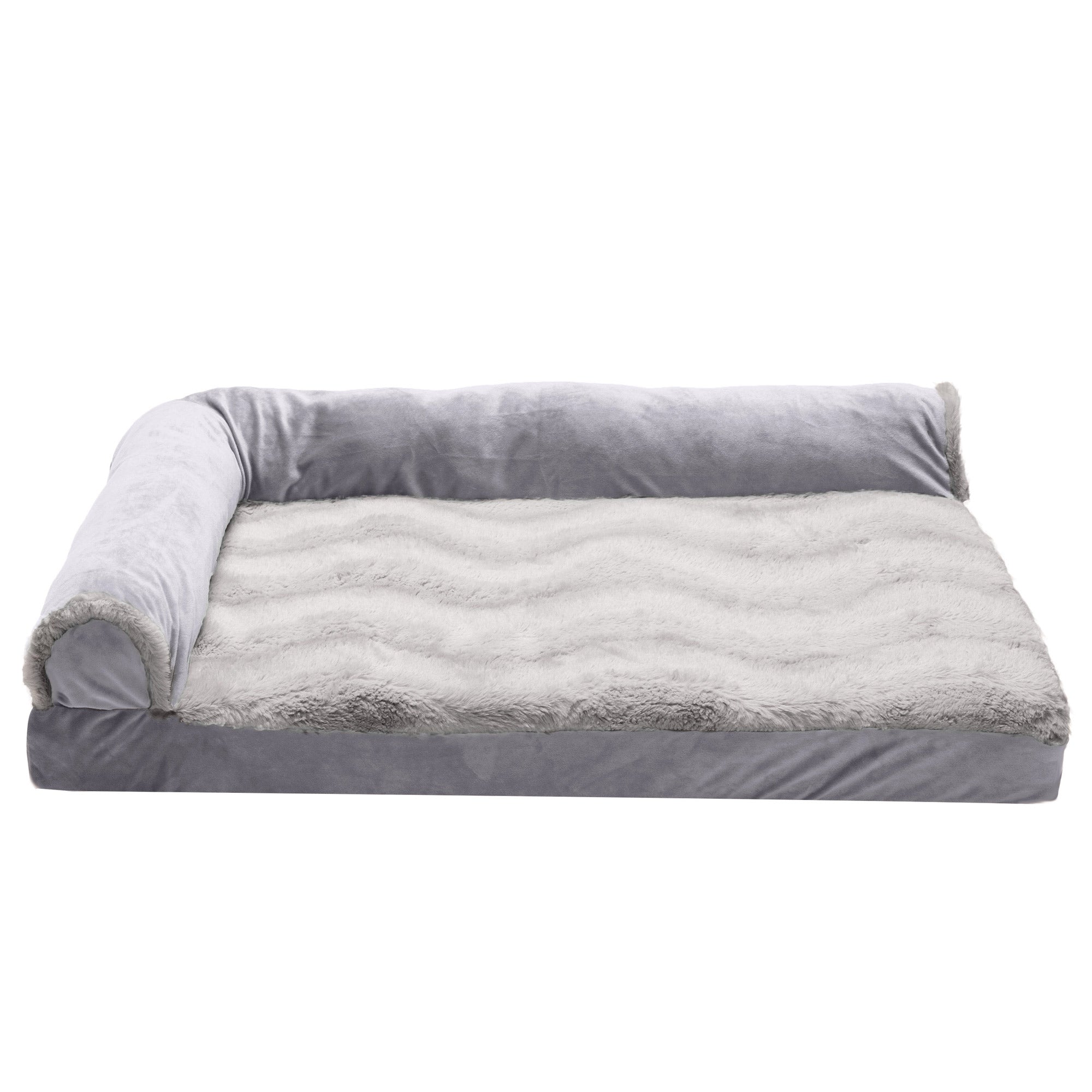 FurHaven | Deluxe Orthopedic Wave Fur & Velvet L-Chaise Lounge Pet Bed for Dogs & Cats, Granite Gray, Medium