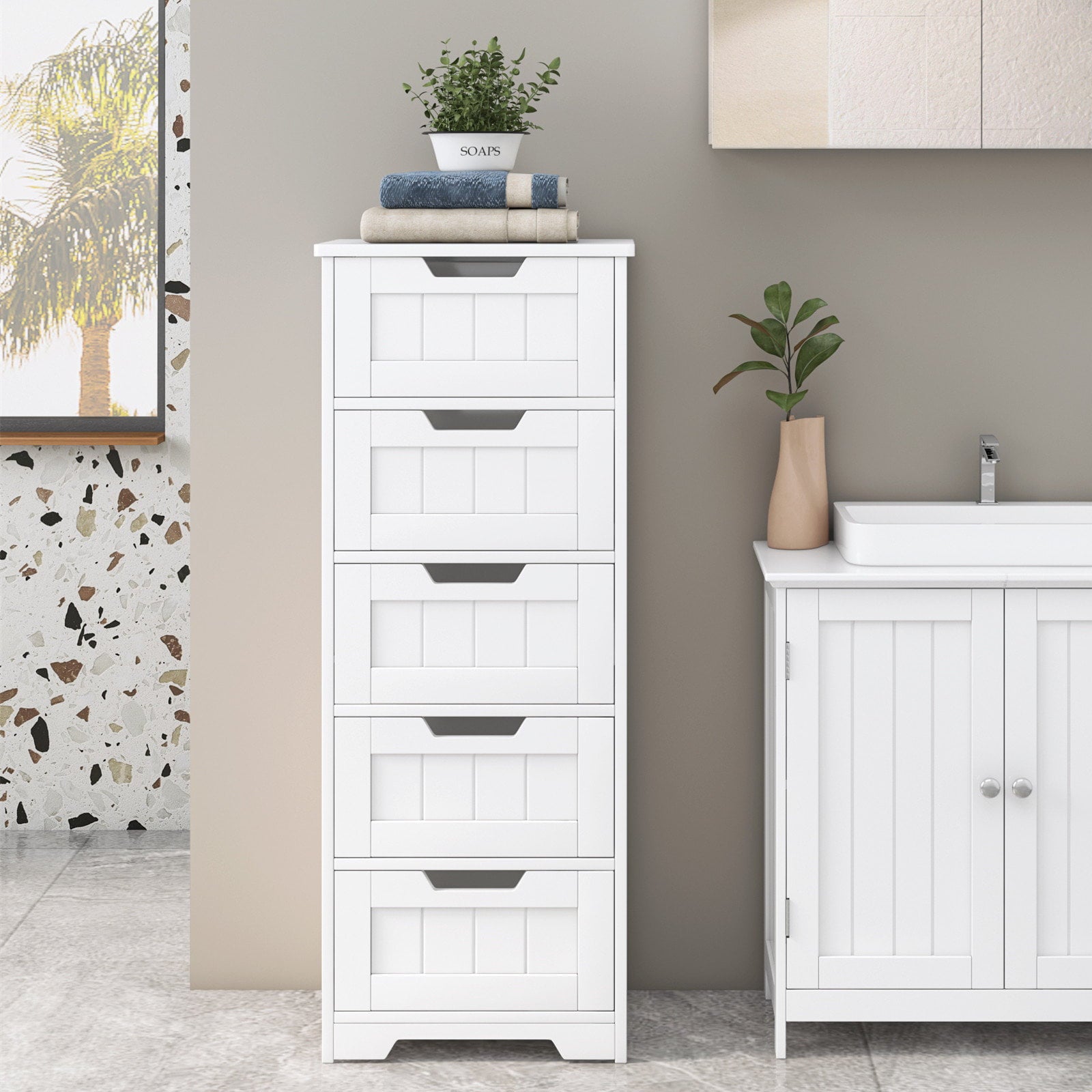 Homfa Bedroom Dresser with 5 Drawers, Wooden Bathroom Linen Cabinet, White Finish