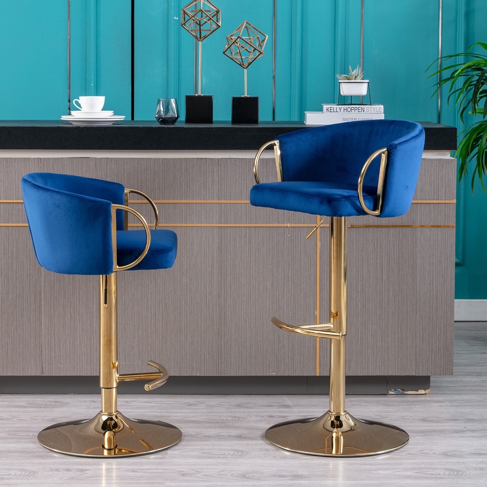 Set of 2 Bar Stools with Chrome Footrest And Base Swivel Height Adjustable Mechanical Lifting Velvet  Golden Leg Bar Stool