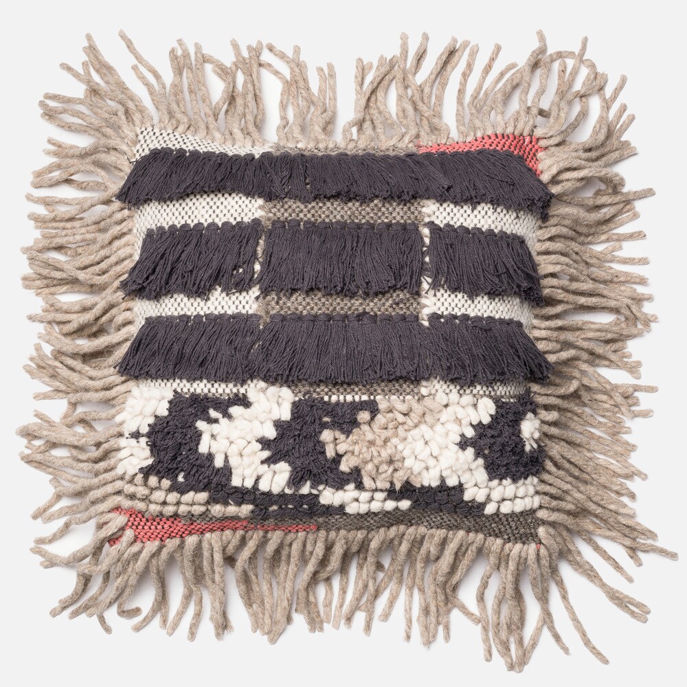 Woven Bohemian Fringe Grey/ Multi 18 inch Throw Pillow or Pillow Cover