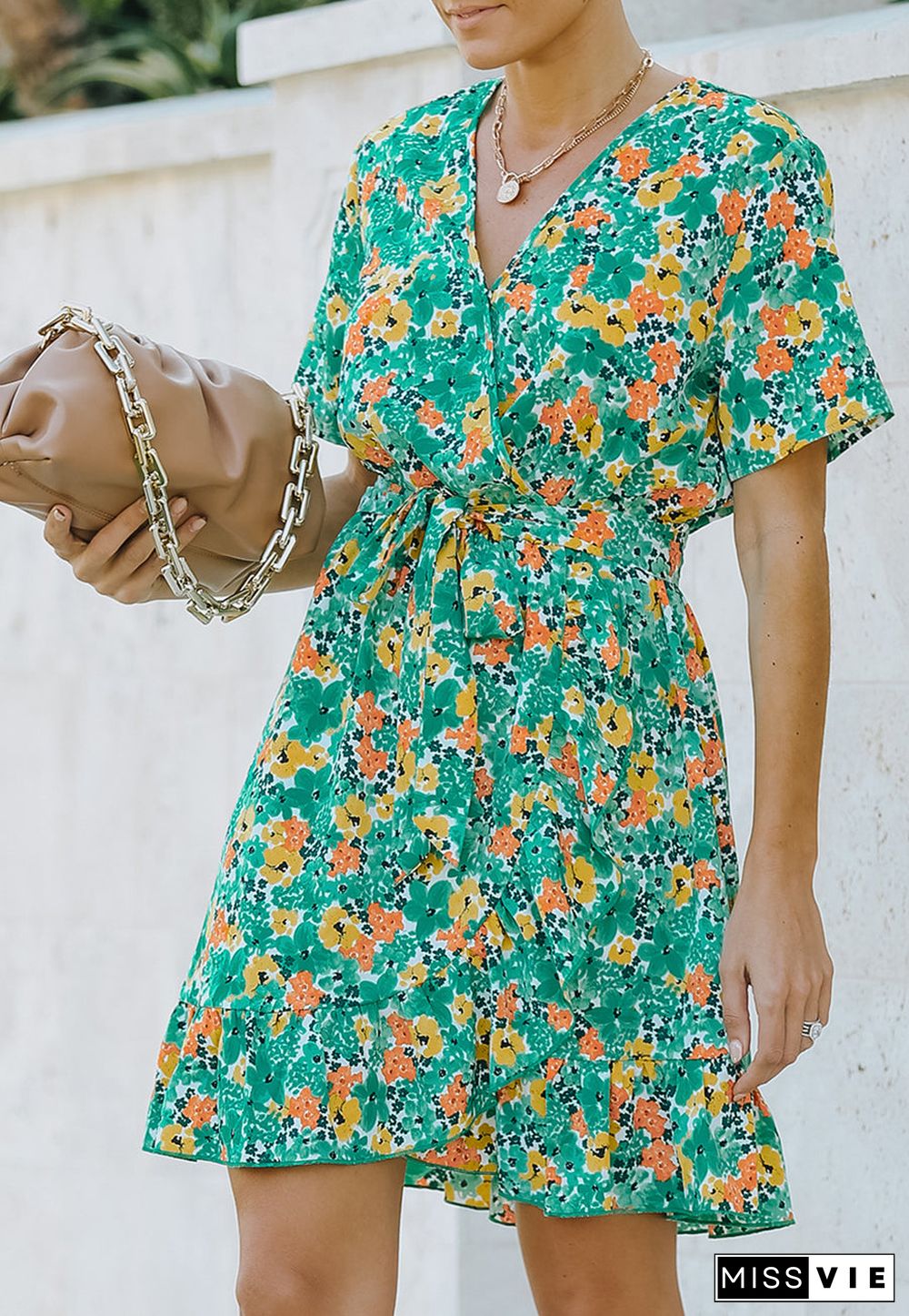 Surplice Ruffle Hem Floral Dress