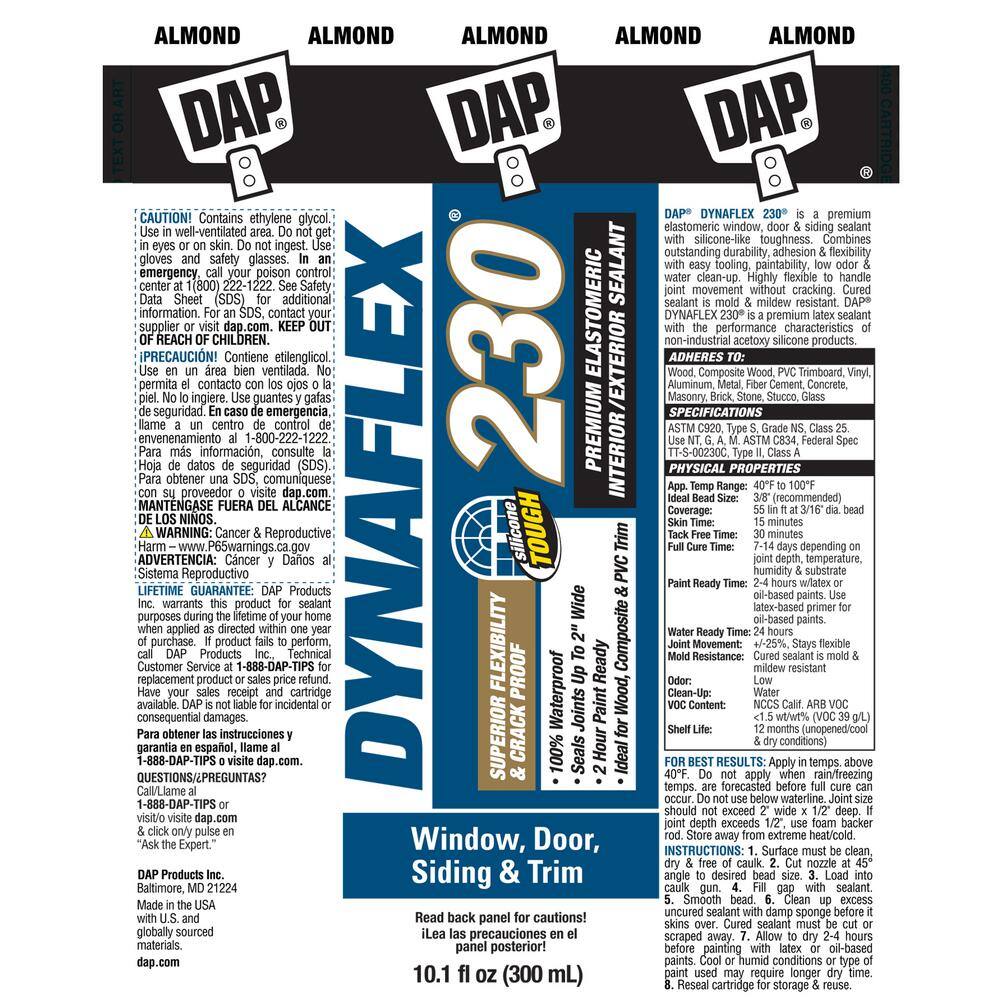 DAP Dynaflex 230 10.1 oz. Almond Premium Latex ExteriorInterior Window Door and Trim Sealant (12-Pack) 7079818288