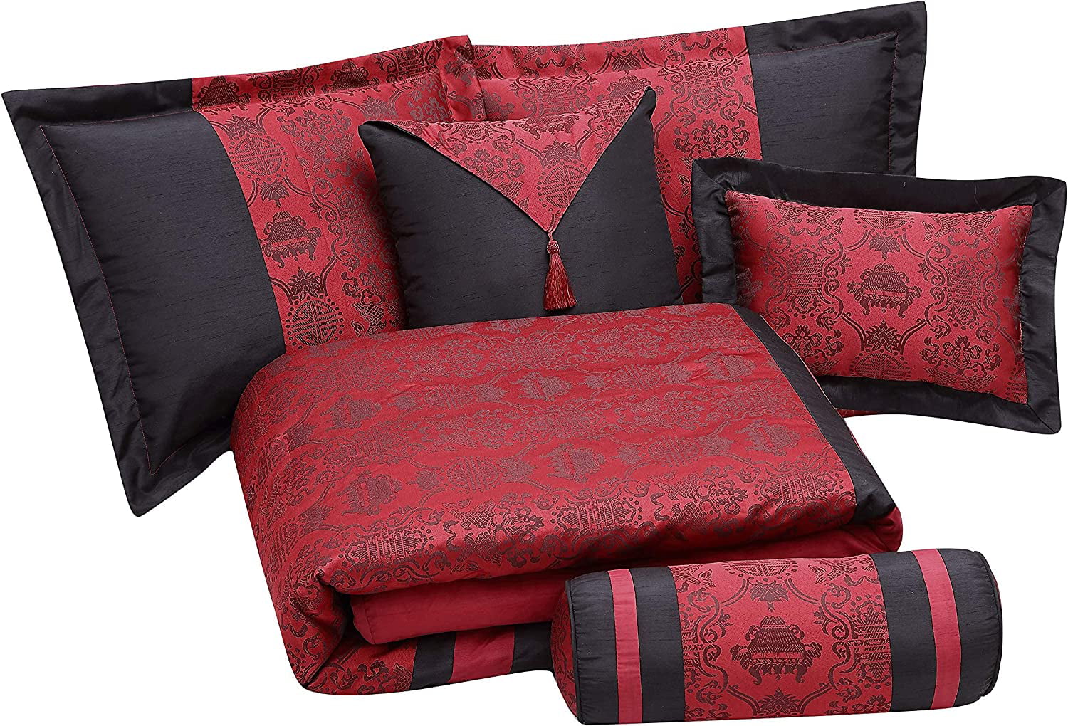 Chezmoi Collection Dynasty 7-Piece Jacquard Oriental Comforter Set， King， Red/Black