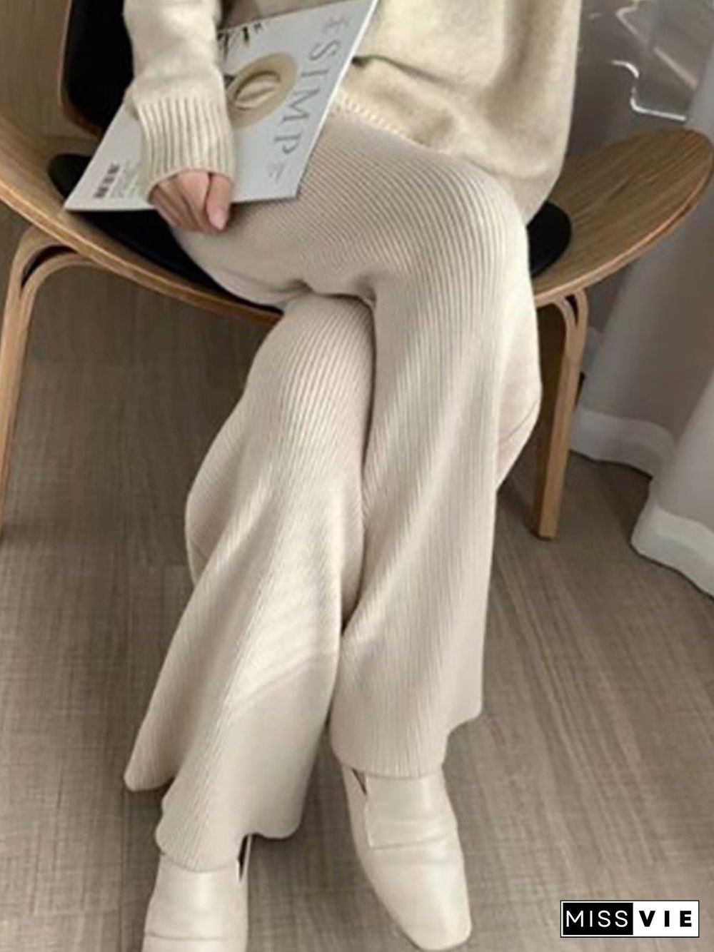 Women Winter Solid Wool Knitted Wide-leg Pants