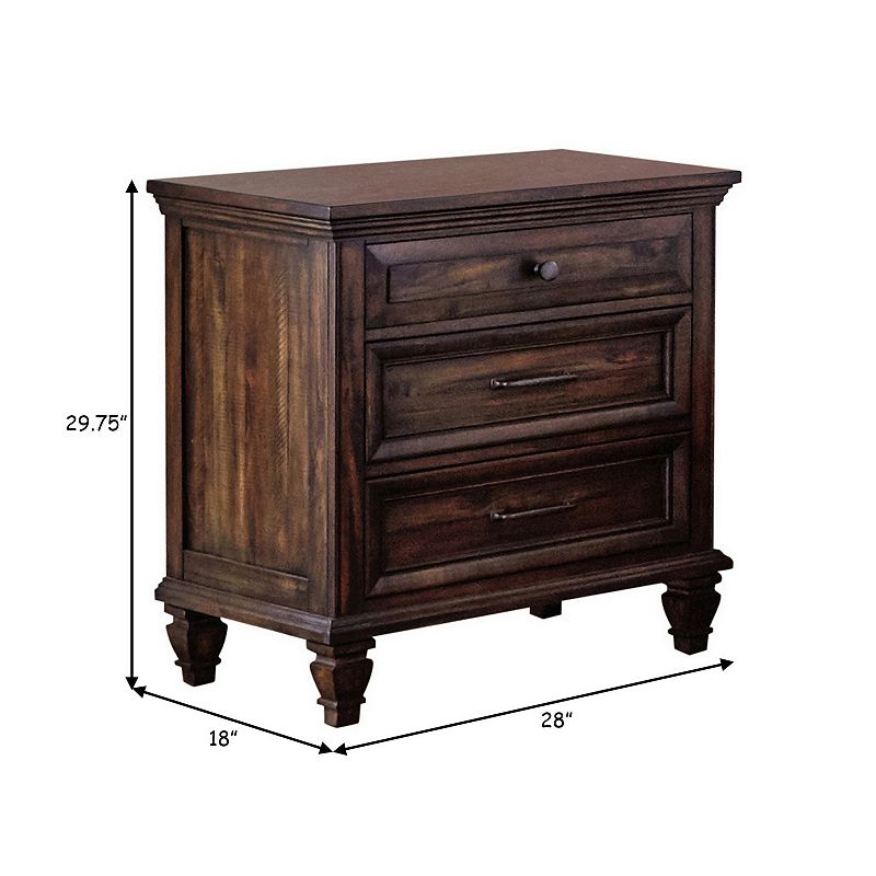 Oxy 30 Inch European Classic Nightstand， 3 Drawers， USB Ports， Wood， Brown