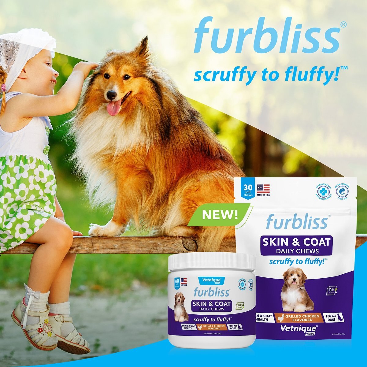 Vetnique Labs Furbliss Skin and Coat Daily Omega Soft Grilled Chicken Dog Supplements