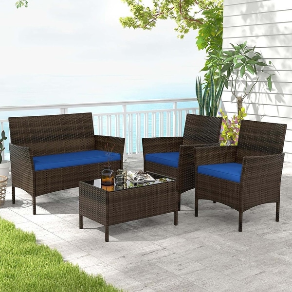 4 PCS Outdoor Rattan Conversation Set Patio Wicker Furniture Set