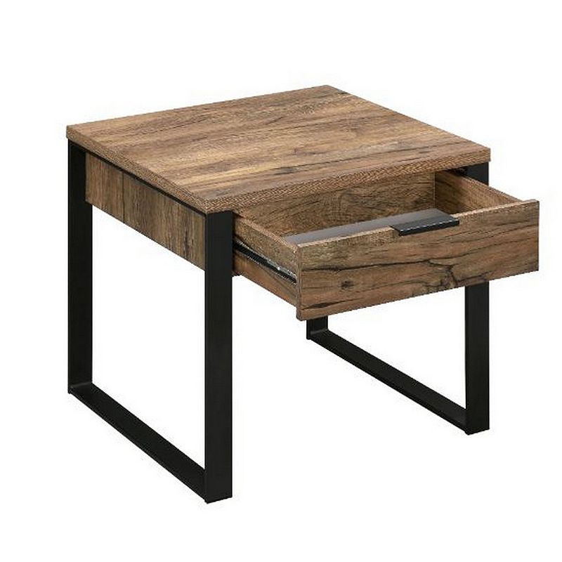 End Table with 1 Drawer and Grain Details， Brown and Black