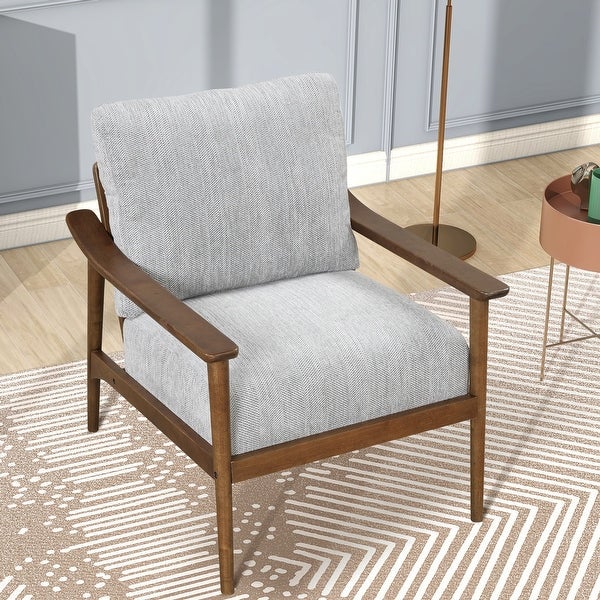 Mid Century Modern Chair with Solid Wood Frame，Arm Chair with Vertical Slatted Back，Thick Pad Upholstered Accent Chair