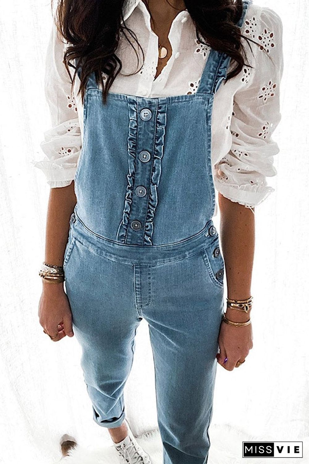 Denim Button Casual Suspenders Jumpsuit