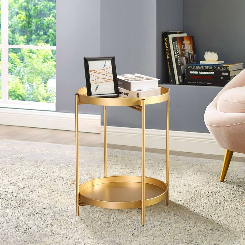 Adeco Side Table 2-Tier Metal Round End Table with Removable Tray - 17.5