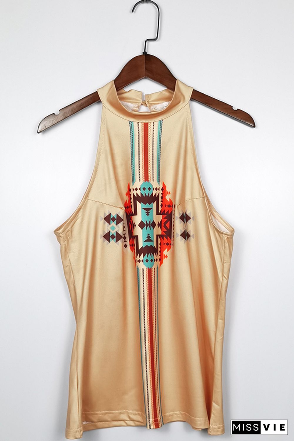 Khaki Aztec Print O-neck Tank Top