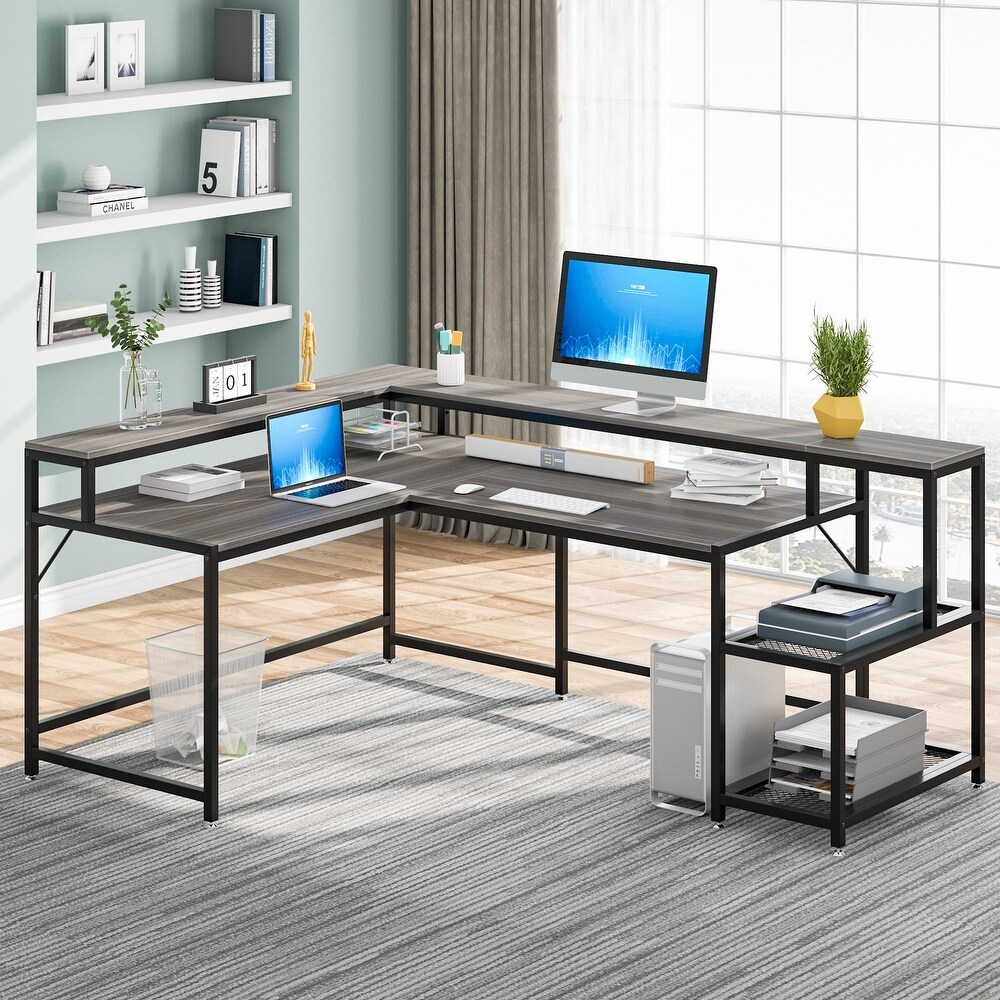 Reversible L Shaped Desk with Monitor Shoelf  Large Computer Desk for Office Home