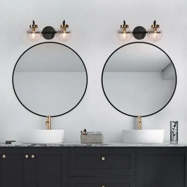 Mid-Century Modern Black Gold 4-Light Bathroom Vanity Lights Globe Glass Wall Sconces