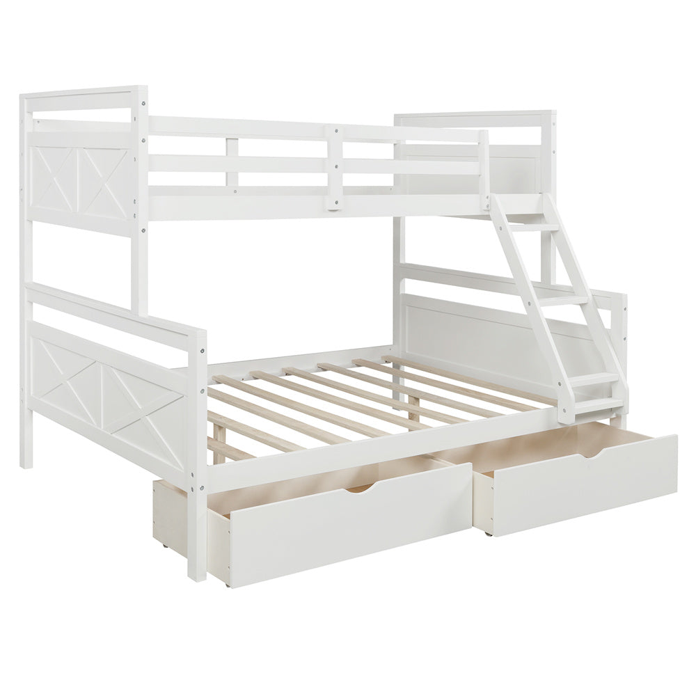 Twin Over Full Bunk Bed with Two Storage Drawers, Pine Wood Bed Frame and Guardrails and Ladder for Kids and Teens Trundle, White