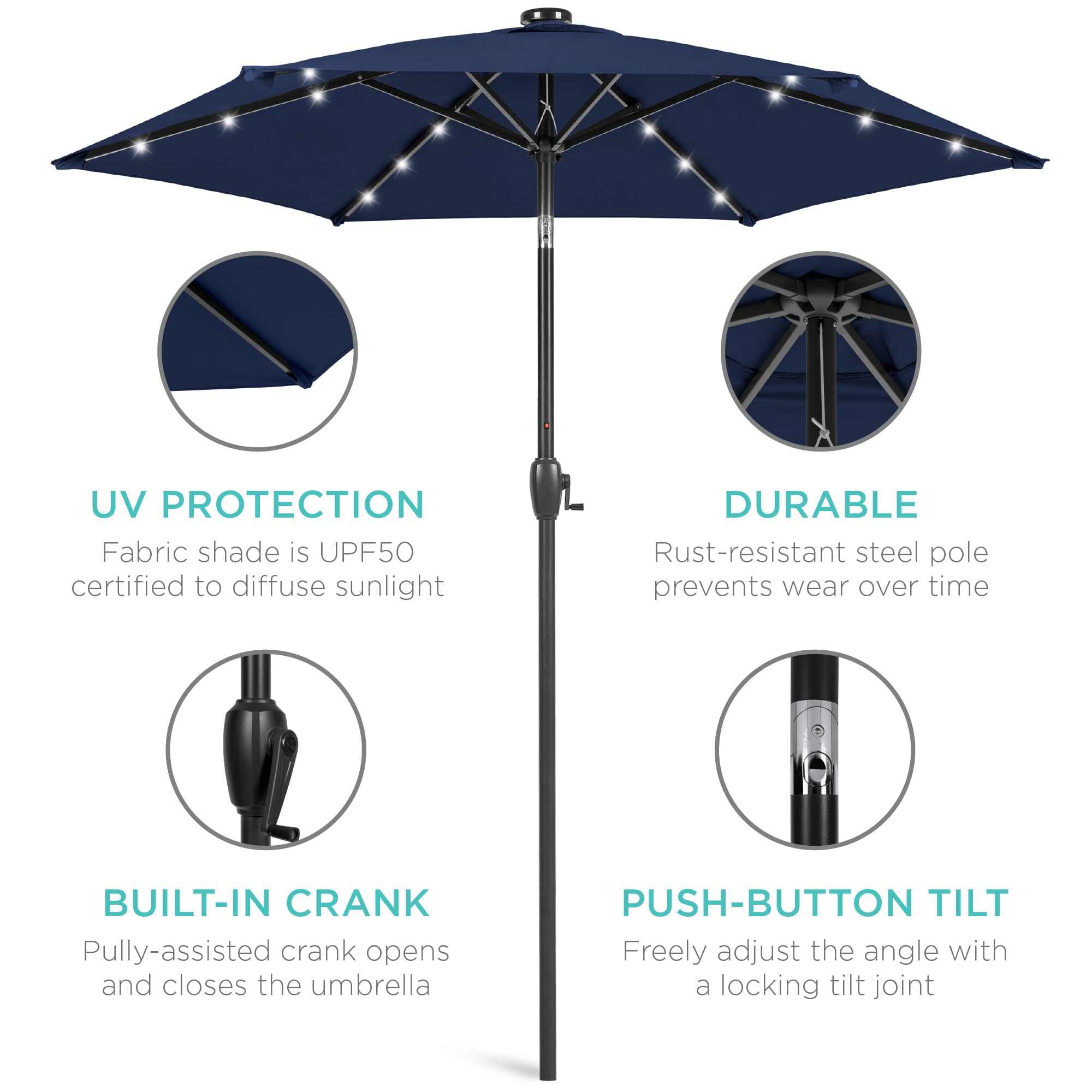 Best Choice Products 7.5ft Outdoor Solar Patio Umbrella for Deck, Pool w/ Tilt, Crank, LED Lights - Navy Blue