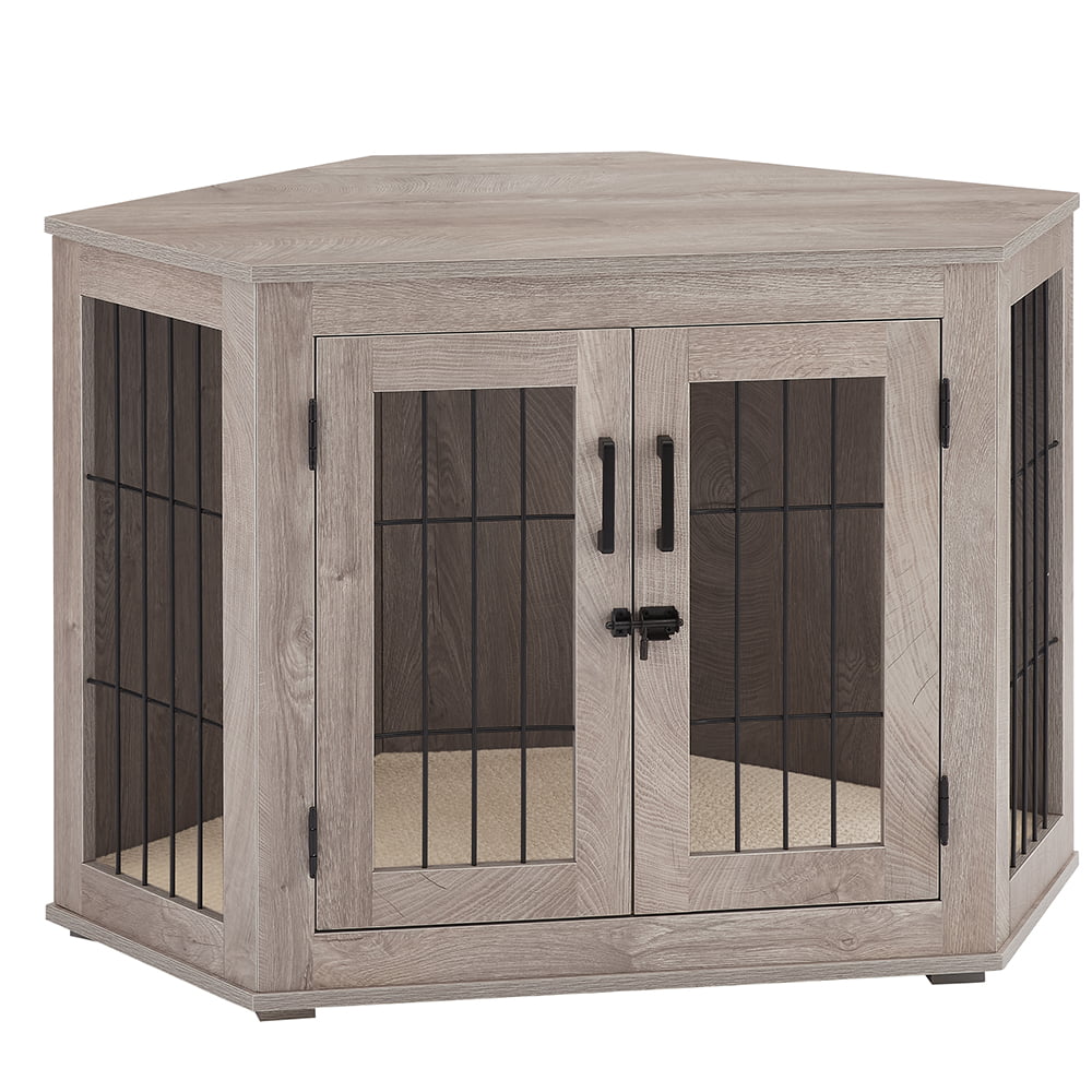 Unipaws Corner Dog Crate Furniture， Wooden Dog Kennel for Dogs Puppy， Pet Crate for Limited Room， Medium， Weathered Gray