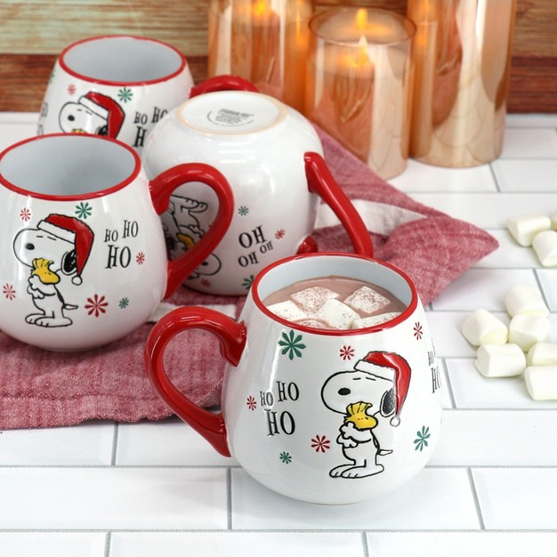 Peanuts Snoopy And Woodstock 4 Piece 20oz Stoneware Holiday Ho Ho Ho Mug Set In Red