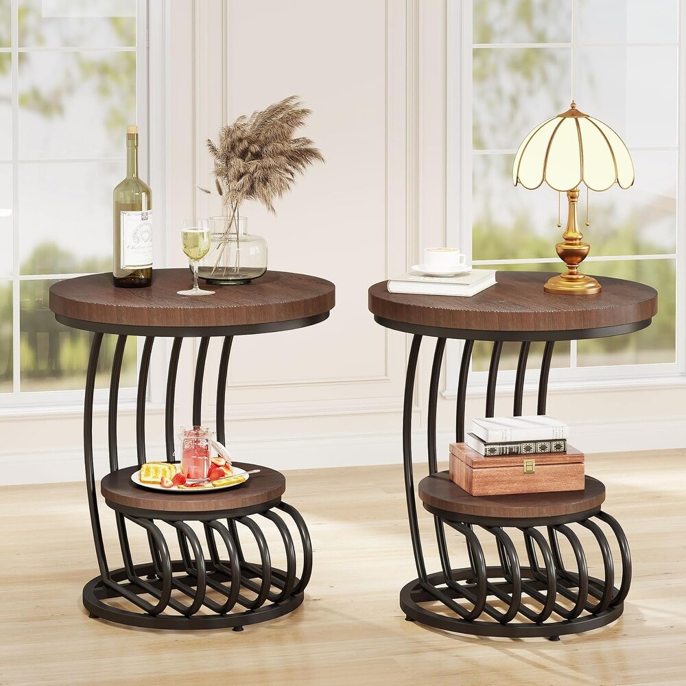 2 Tiers Round End Table  Side Table with Storage Shelf for Living Room