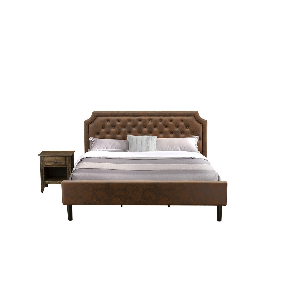 2 Pc King Bedroom set with padded Bed and Distressed Jacobean Nightstand   Dark Brown Pu leather and Black Legs(Size Options)