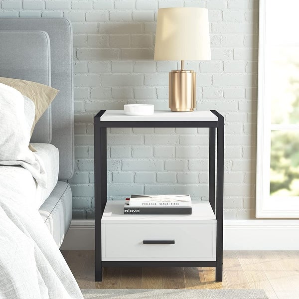 Industrial End Table with Drawer and Storage Shelves， Side Table and Nightstands