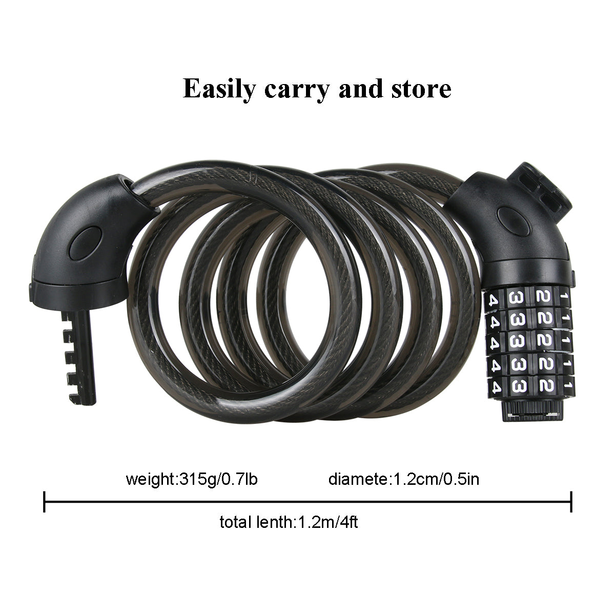 Bike Lock Cable - High Security 5 Digit Resettable Combination Coiling Cable Lock with Complimentary Mounting Bracket - 4FT Combination Bike Lock - Security Anti-theft Bicycle lock Cable