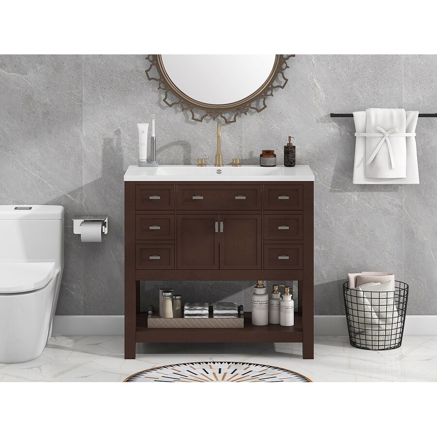 Versatile Storage Vanity Bathroom Sink Counter with 6 Drawers  Brown