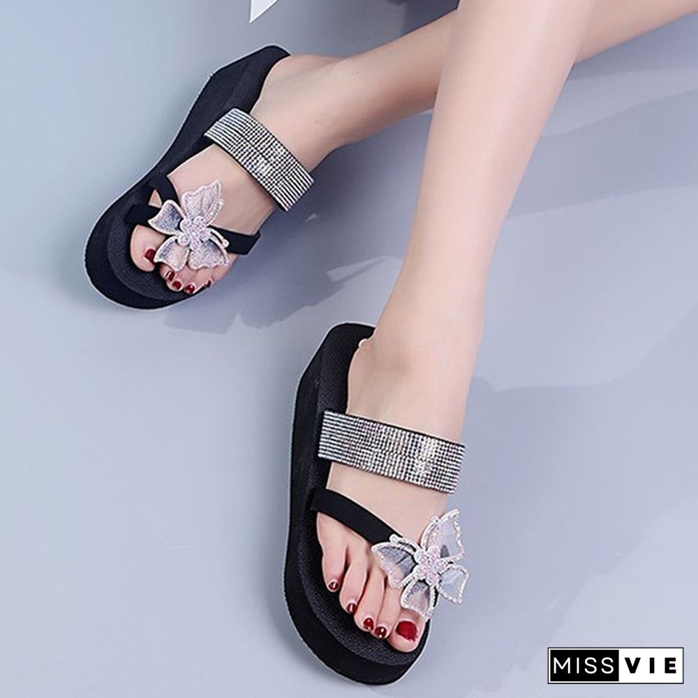 Summer Women Fashion Platform Slippers Rhinestone Diamond Casual Sandals Beach Flat Flip Flops Bling Bling Slippers Beach Sandals Plus Size 35-43