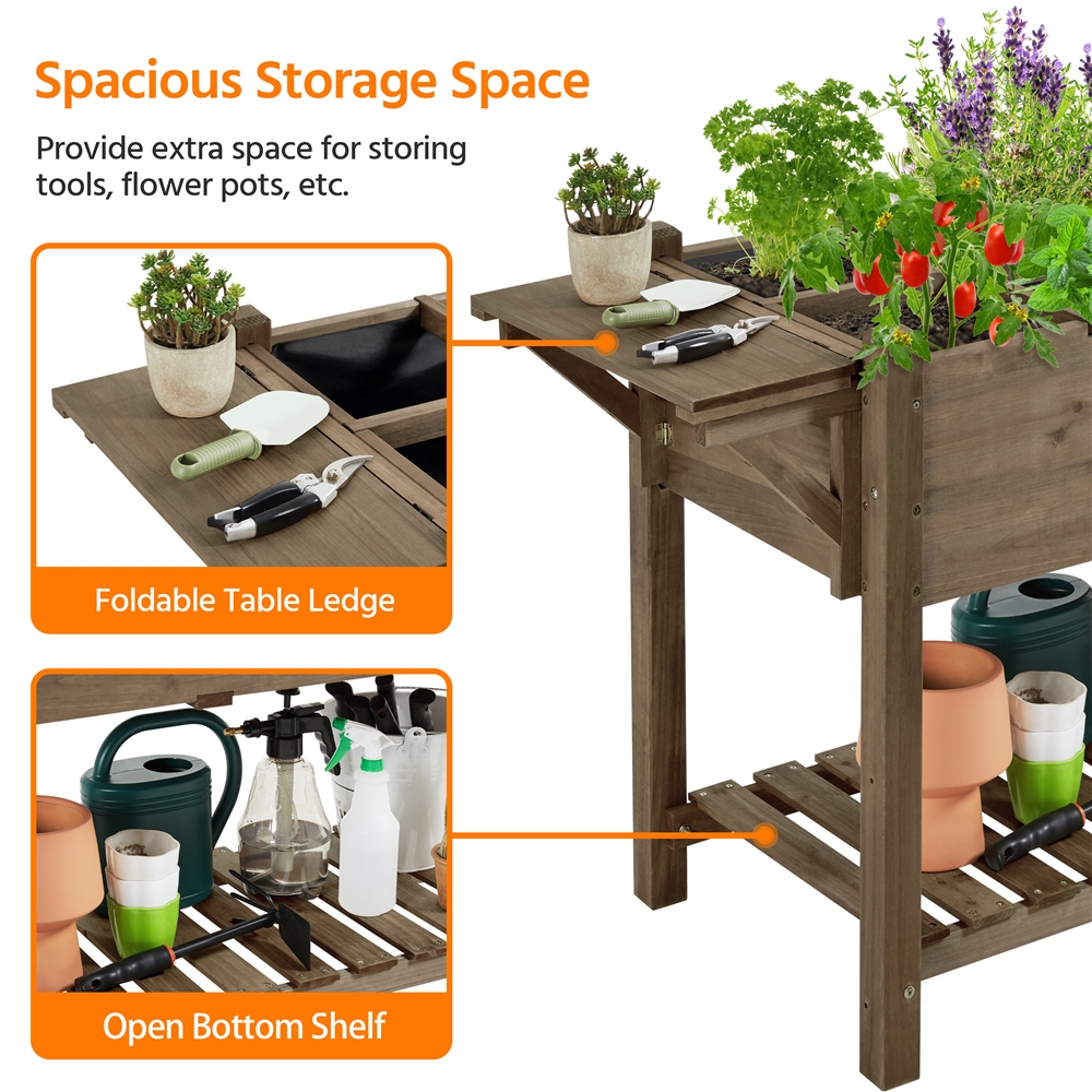 SmileMart Solid Wood Elevated Garden Bed with Fabric Inner Liner & Removable Grow Grids, Brown