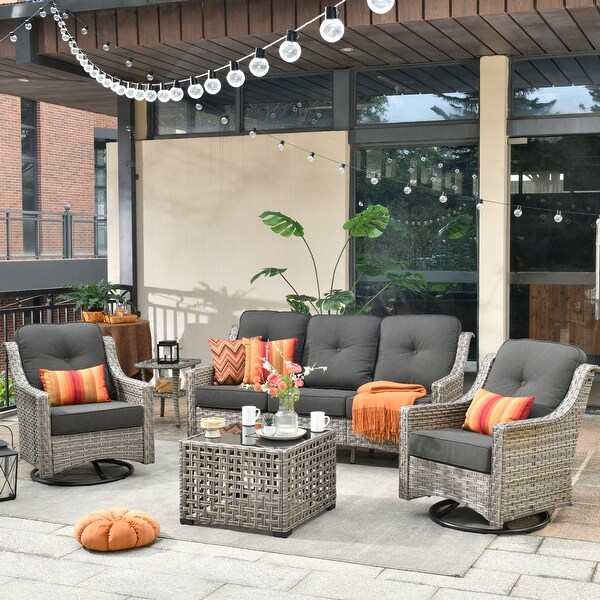 HOOOWOOO 5piece Patio Wicker Furniture Conversation Set with Swivel Chair and Coffee Table