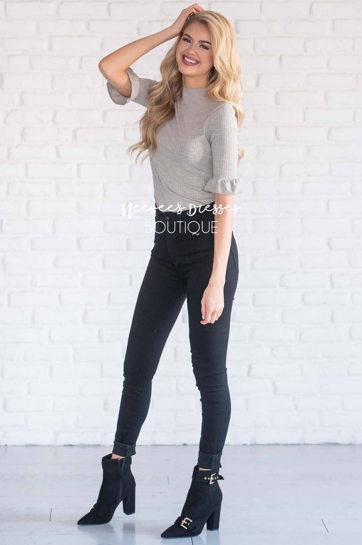 Ribbed High Neck Bell Sleeve Top