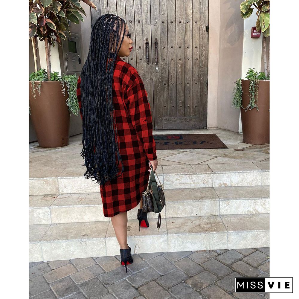 Plaid Print Long Sleeve Shirt Midi Dress