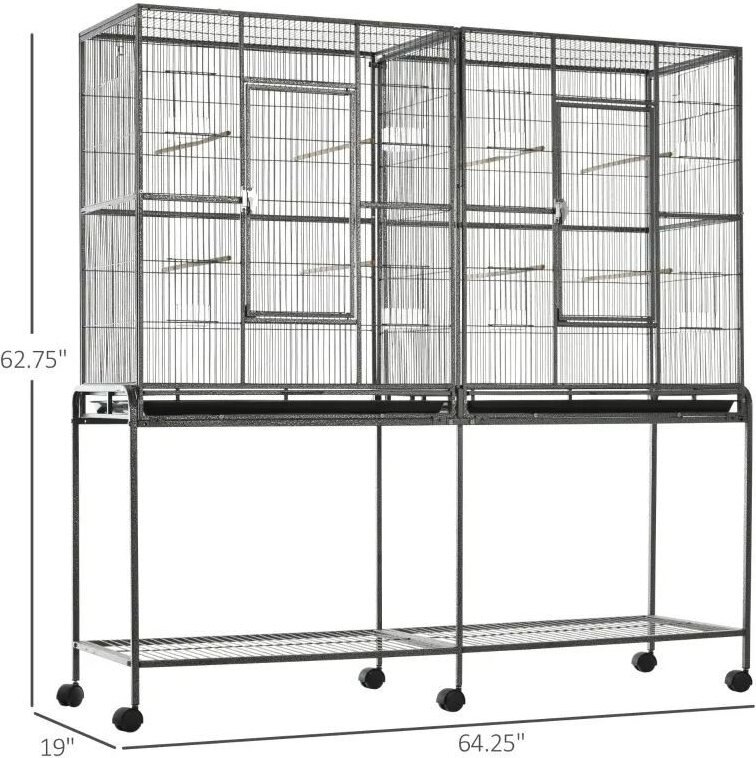 PawHut 65-in Double Rolling Metal Bird Cage， Black and Gray