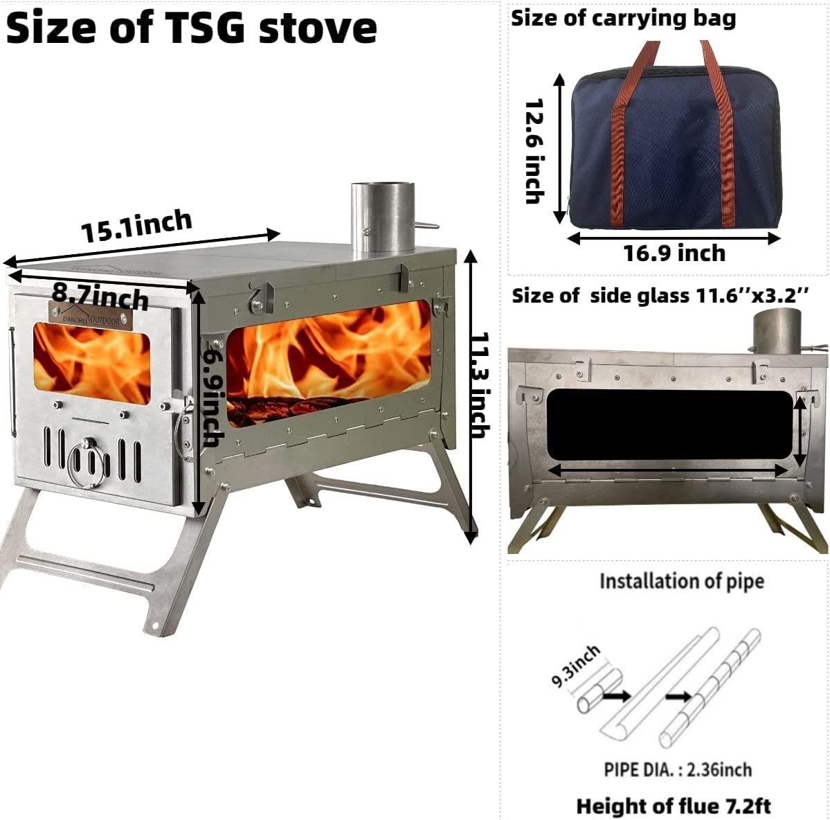 DANCHEL Outdoor TSG 100% Titanium Camping Wood Stove with Chimney Pipe, Folding Hot Tent Backpack Stove