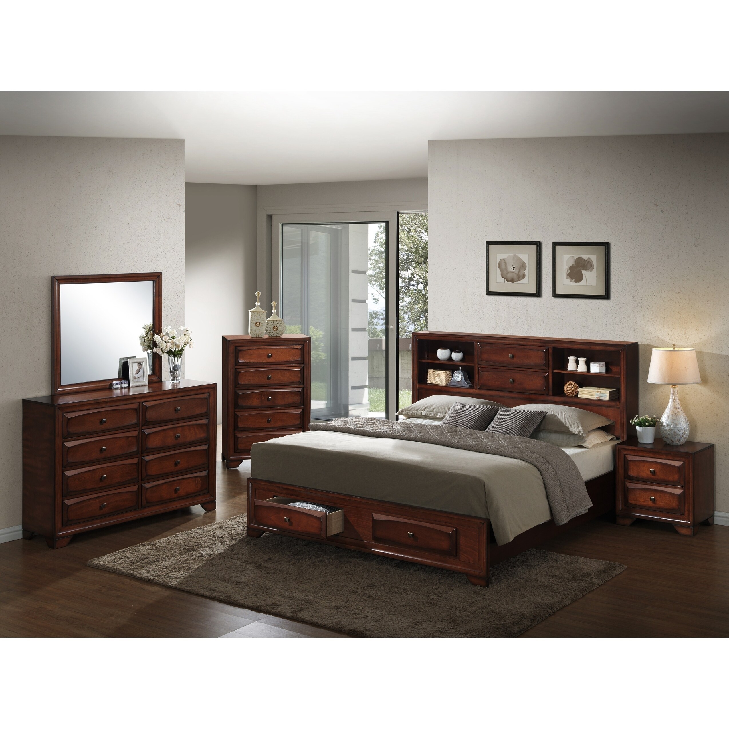 Roundhill Furniture Asger Antique Oak Finish Wood King-size 5-piece Bedroom Set - - 12594431