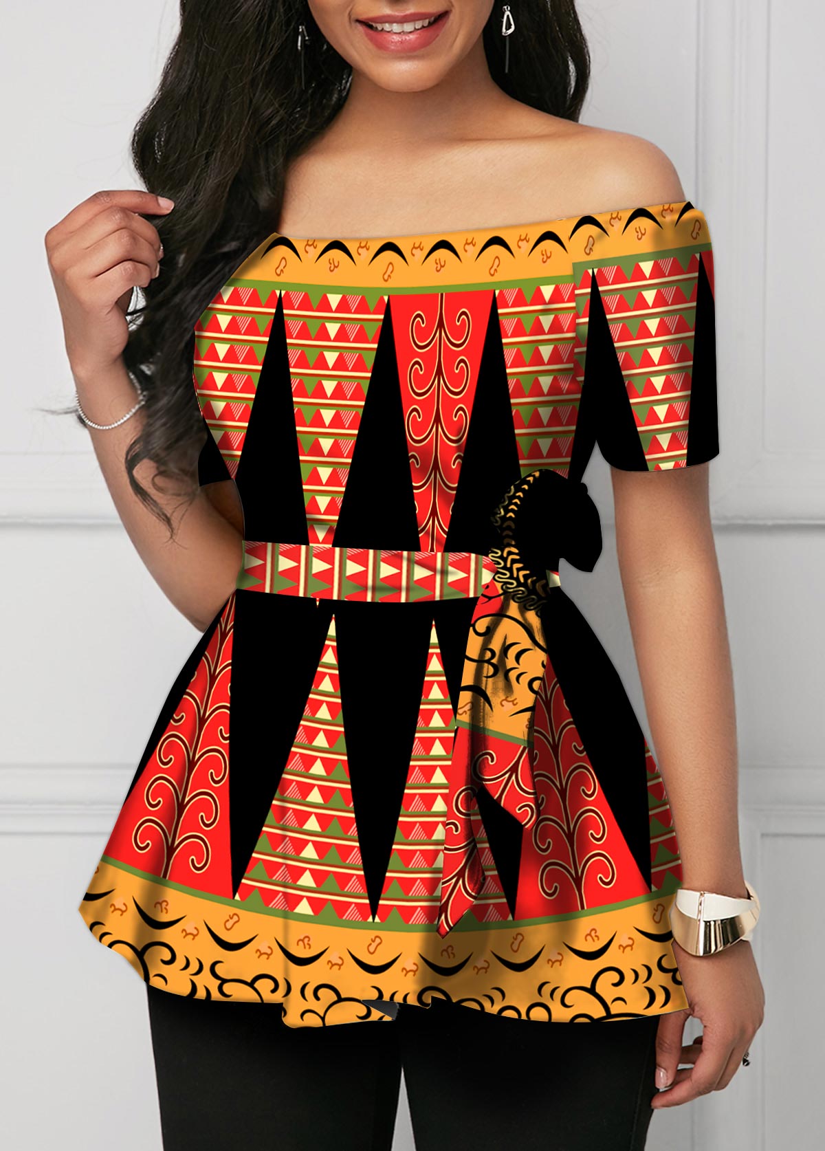 Tribal Print Off Shoulder Short Sleeve Blouse