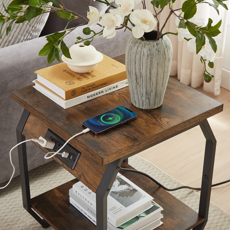 Side Table with Charging End Tables Set of 2 with USB Ports   Sockets