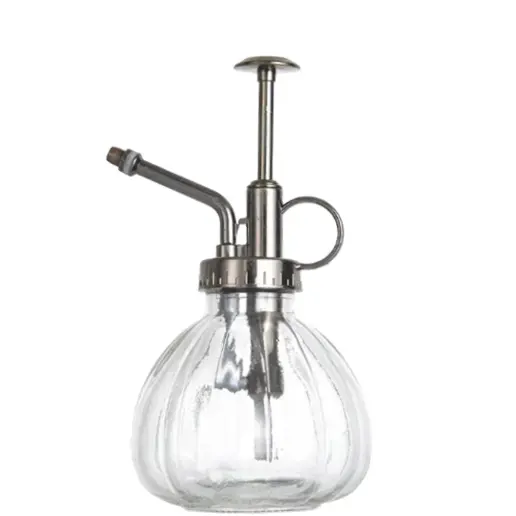 Factory Fast Supply 230ml Vintage Style Ribbed Glass Plant Water Mister With Brass Color PVC Top Pump