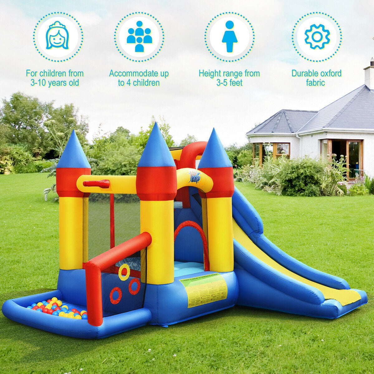 BOUNTECH 6-in-1 Castle Bouncer w/ Long Slide include 780W Air Blower