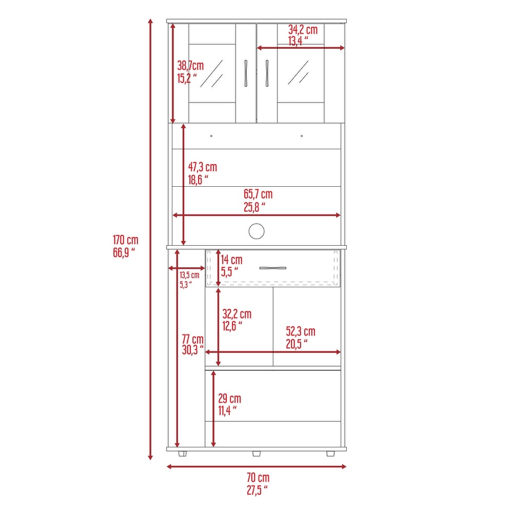 FM Furniture Poole Pantry Cabinet  Three Side Small Shelves  One Drawer  Double Door Cabinet  Four Adjustable Metal Leg