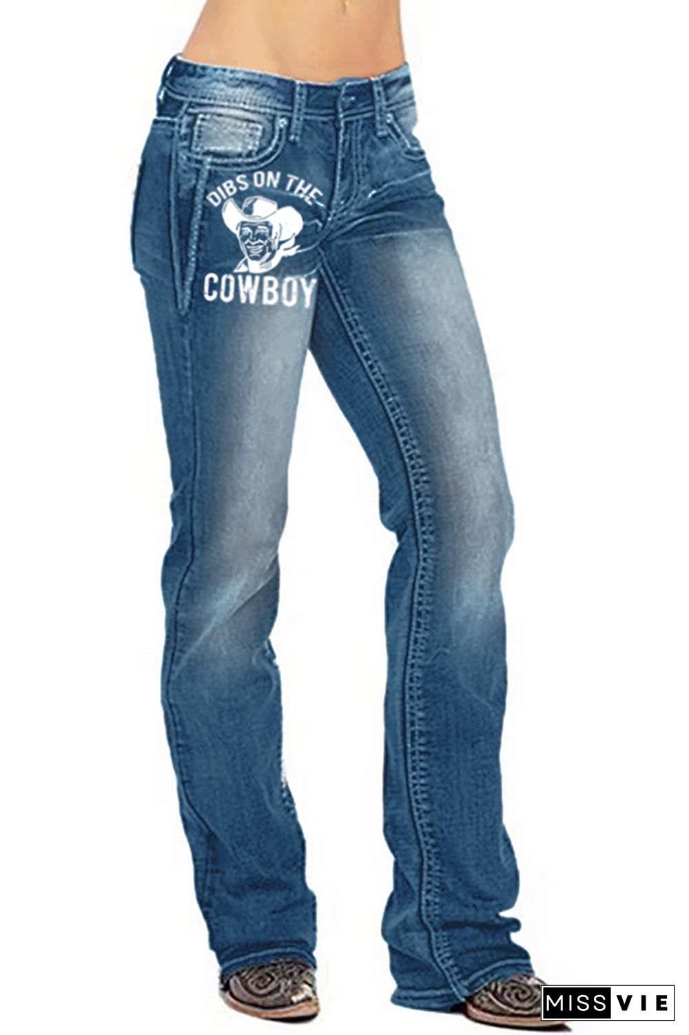 Cowboy Print Straight Wash Jeans Pants