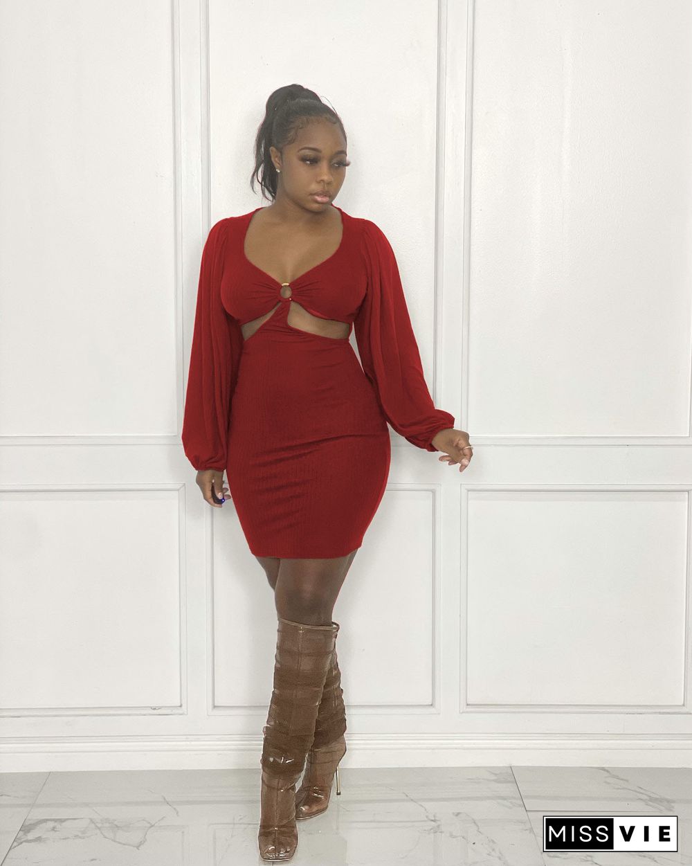 Solid Long Sleeve Cut Out High Waist Mini Dress