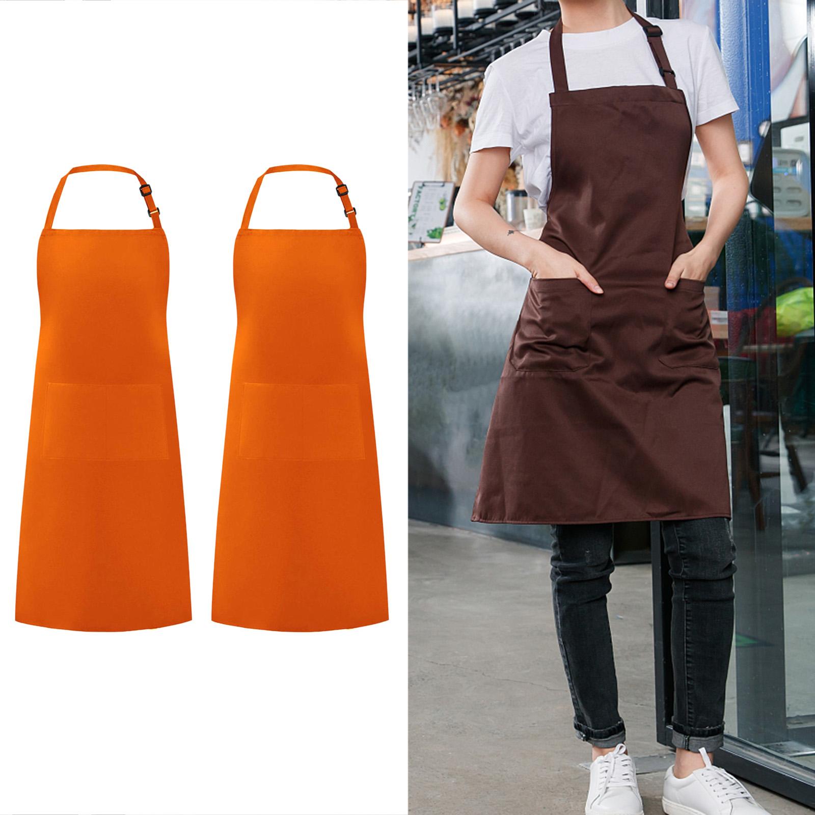 2x Apron with 2 Pockets Clothes Protector 70x78cm Solid Cotton Adjustable Water Adults Apron for Cooking Cafe Shop Baking Kitchen Women Orange