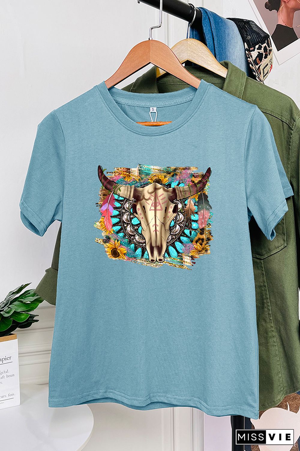 Western Boho Skull Pngturquoise And Leopard Short Sleeve Graphic Tee Wholesale