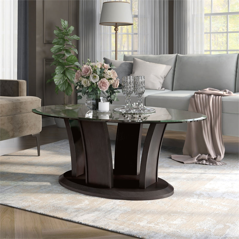 Furniture of America Lantler Oval Glass Top & Wood Coffee Table in Gray