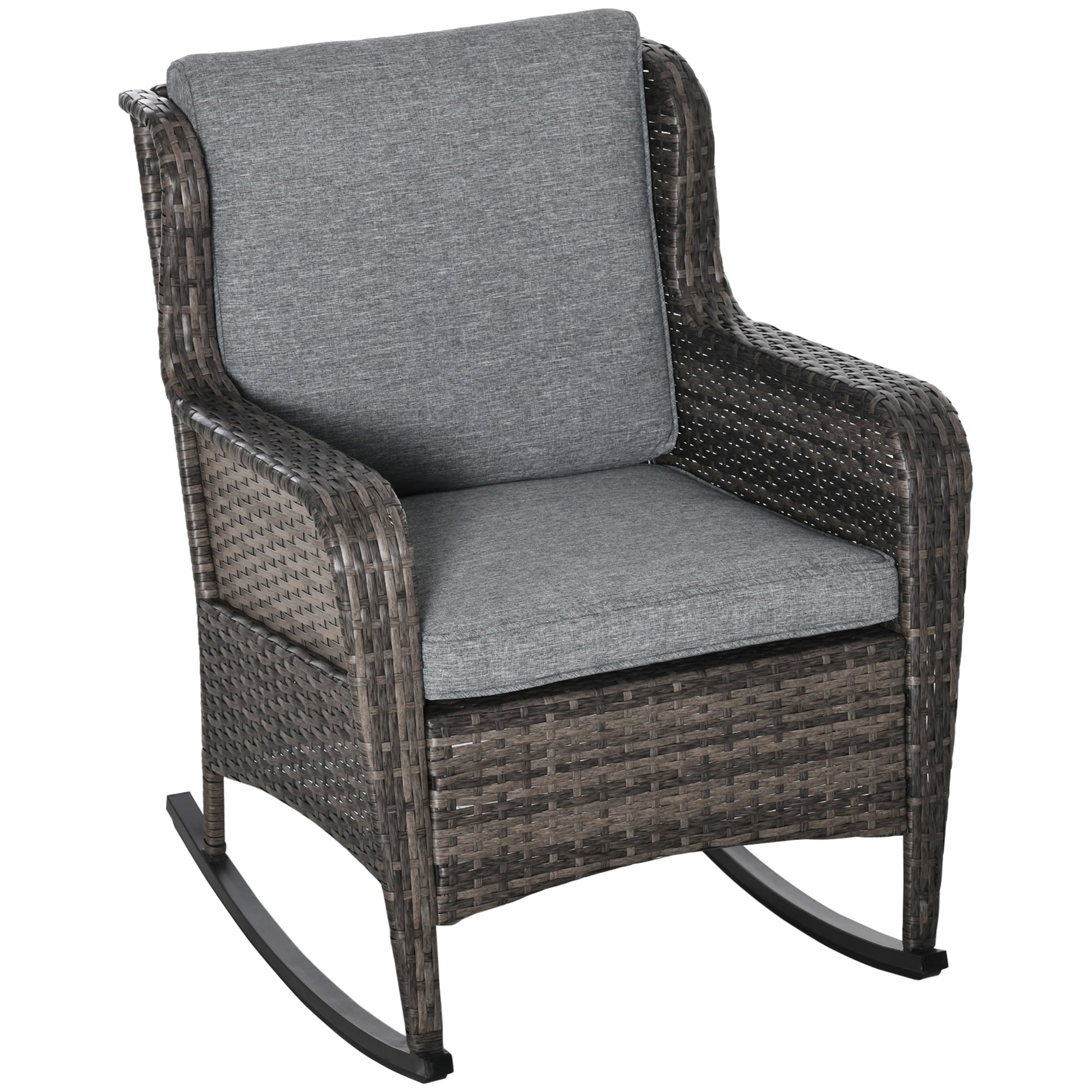 Outsunny Patio Wicker Rocking Chair, Outdoor PE Rattan Swing Chair W/ Soft Cushions, Classic Style for Garden, Patio, Lawn, Mixed Grey Matte Brown, Gray